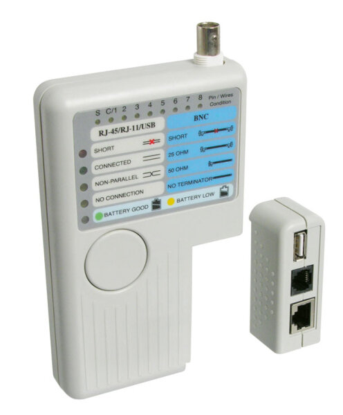 Leitungstester /Netzwerktester f&uuml;r RJ11, -12, -45, ISDN, CAT5, -6, BNC, USB