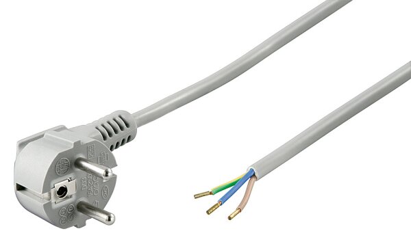 Netzkabel abgewinkelte Schutzkontakt Stecker mit 3 lose Kabelenden 1,5 m, Grau