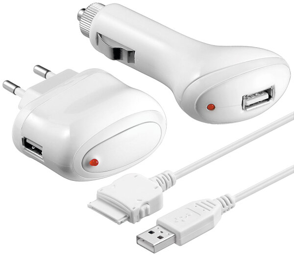 3 in1 USB Lade-Kit f&uuml;r iPhone, iPad, 230V,12V, 2A weiss