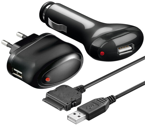 3 in1 USB Lade-Kit f&uuml;r iPhone, 230V,12V, 1A schwarz