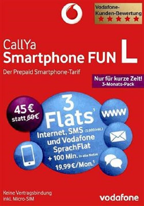 Super günstiger Ausverkauf! Vodafone Prepaid Smartphone 3-Monats-Pack CallYa SMS Flat L Web T FUN