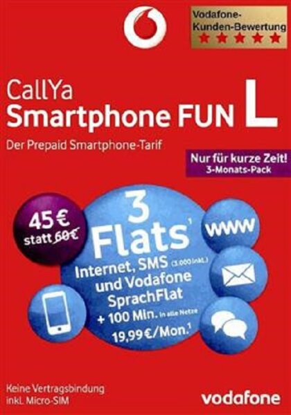 Vodafone Prepaid Smartphone CallYa FUN L 3-Monats-Pack Flat Web SMS Tel +100min