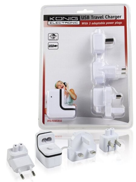 K&Ouml;NIG Reise USB Ladeger&auml;t mit 3 Steckern f&uuml;r iPod, iPhone,Smartphones, etc..