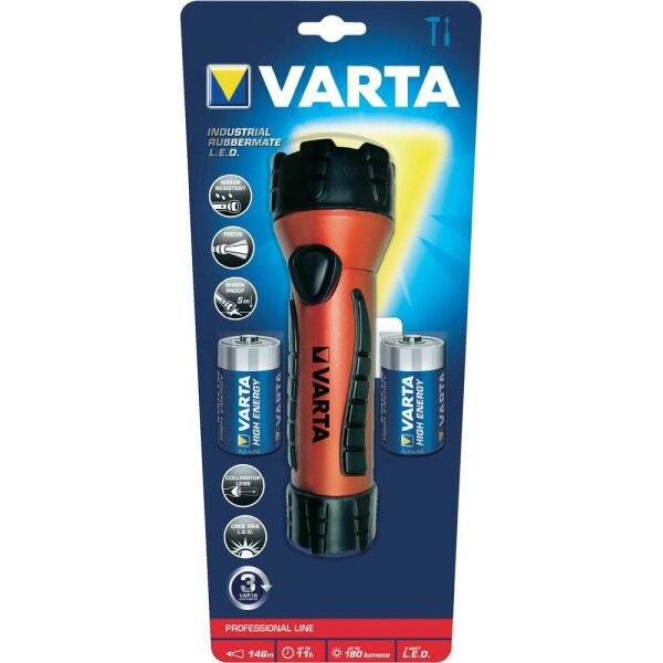 Varta Work LED Taschenlampe Industrial Rubbermate LED incl. 2X D Batterien